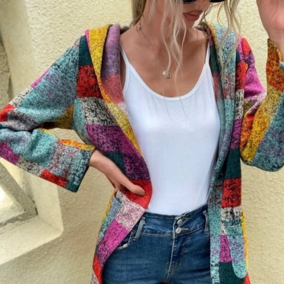 Multi Color Block Pocket Hoodie Jacket Coat - Picture 4 of 5